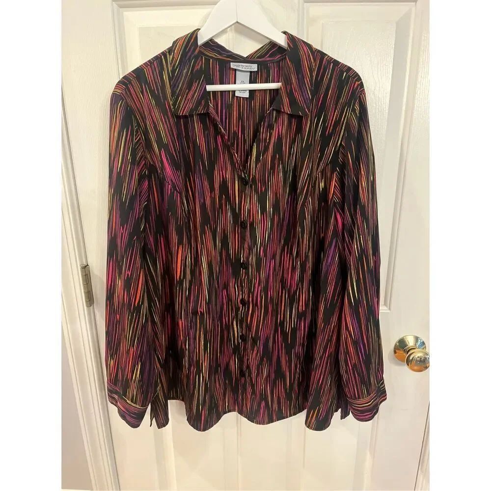 Maggie Barnes for Catherine’s Black & Neon Print Button Down Shirt sz 2X EUC